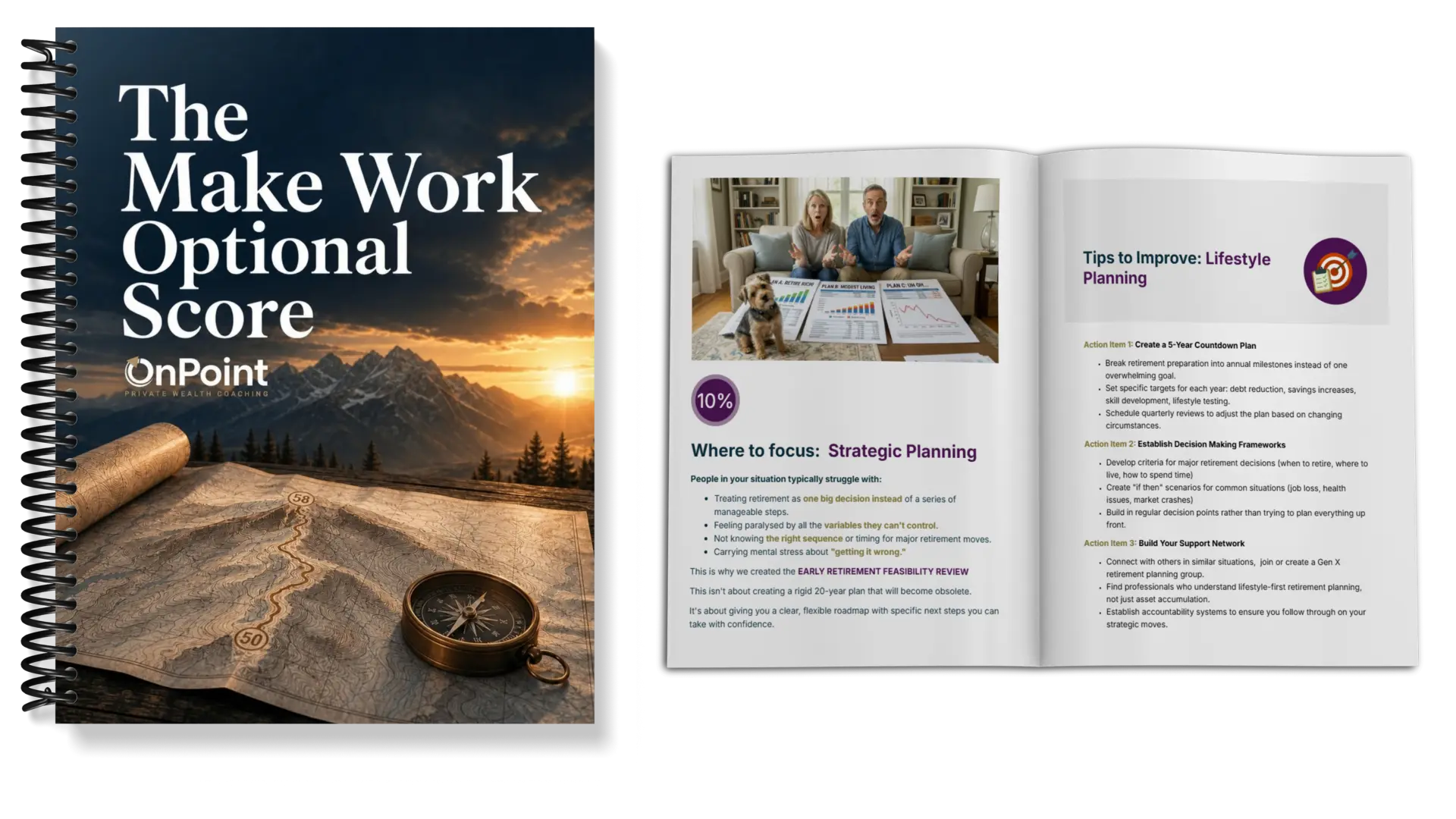 The Work Optional Score workbook beside a sample report spread showing where to focus and tips to improve